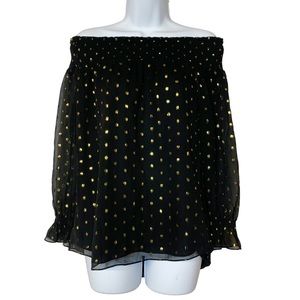 Rebecca Minkoff black silk metallic gold dot off the shoulder blouse S holiday